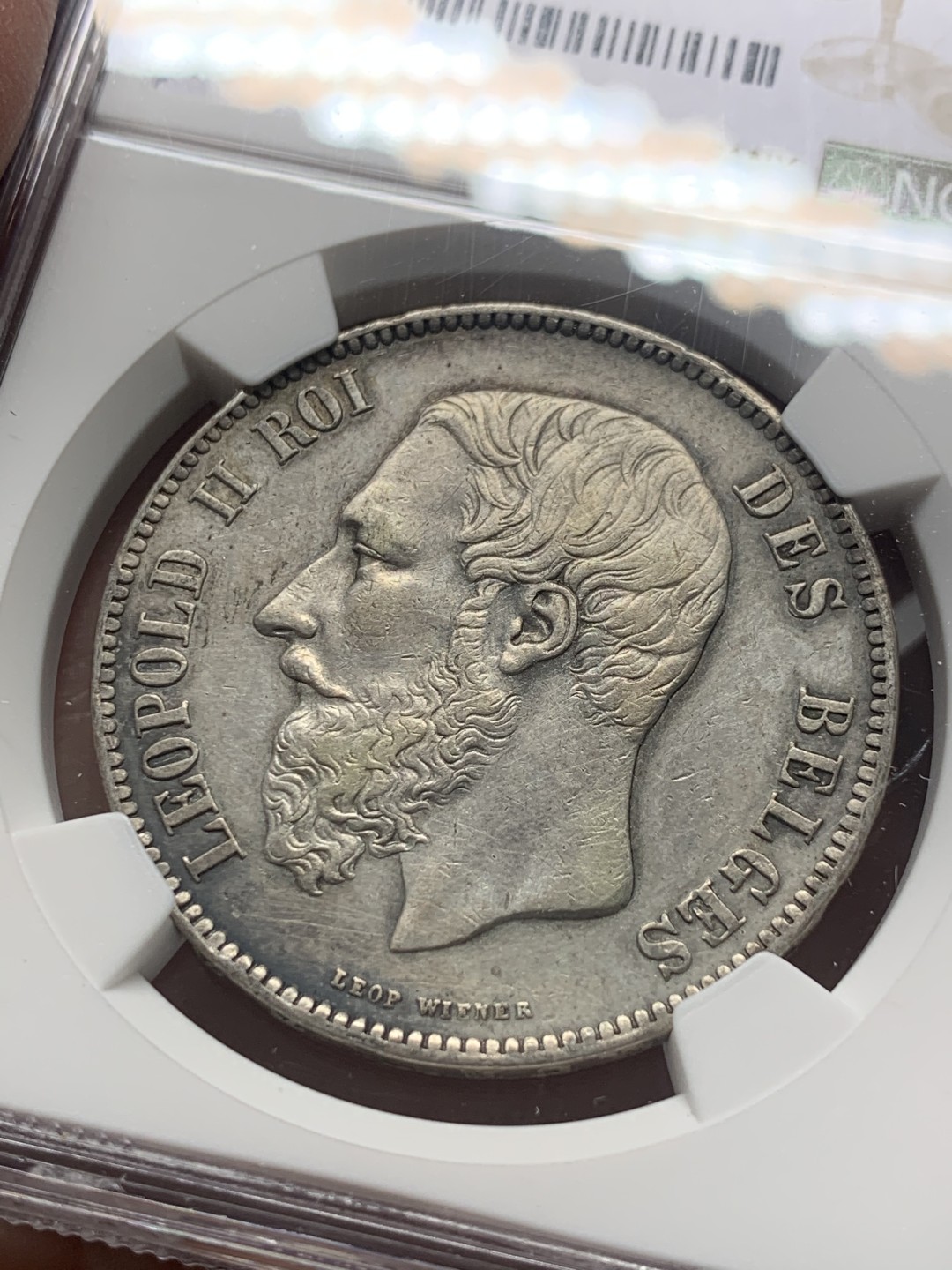 《竞宝斋》第130场-周日，周一连拍 (全场包邮) NGC-AU 比利时 1871年 利奥波德二世 5法郎银币状态好 磨损小