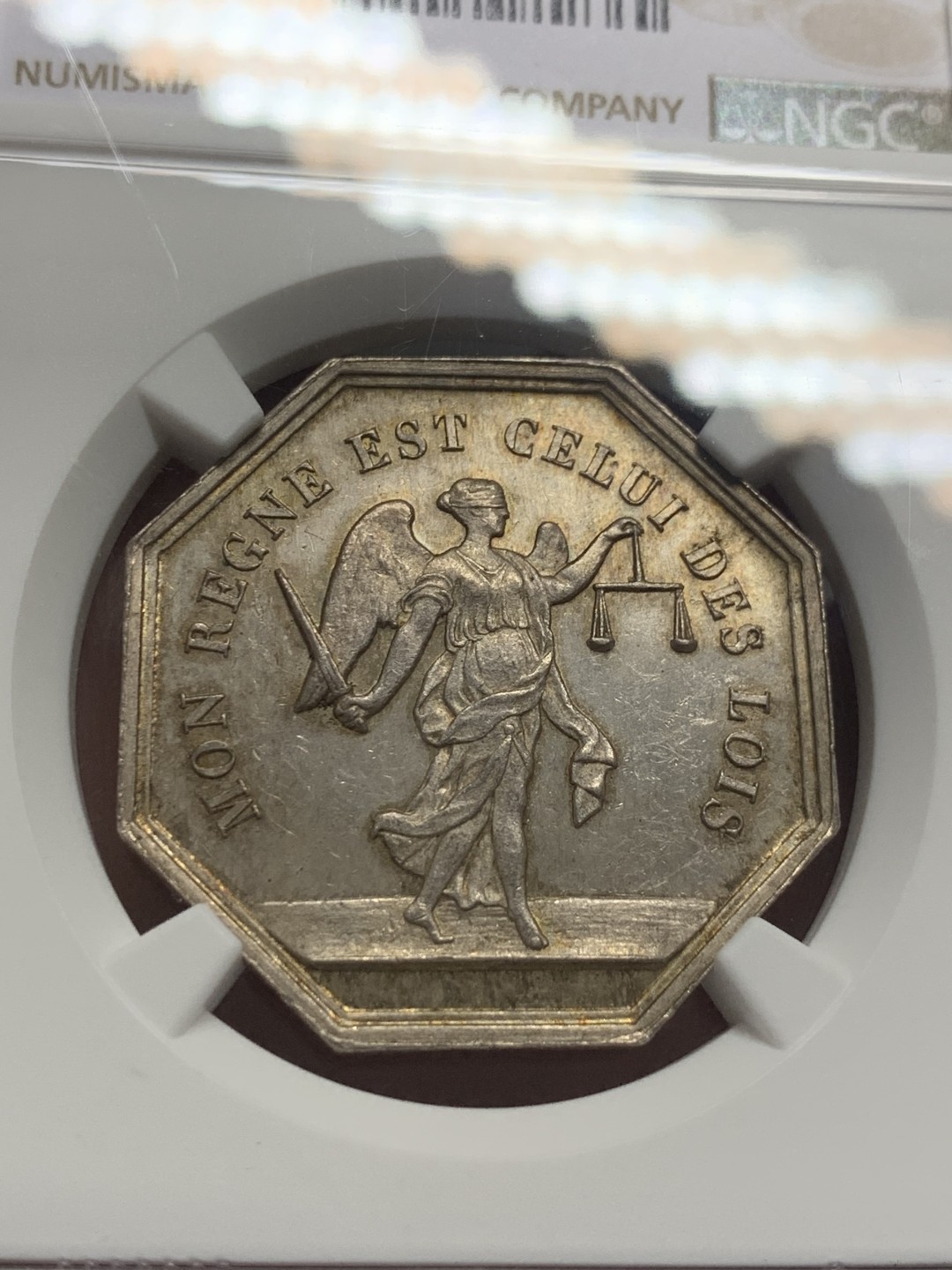 《竞宝斋》第130场-周日，周一连拍 (全场包邮) NGC MS62 布莱公正女神八角银质代币 蜜蜂边铭1860-1879年