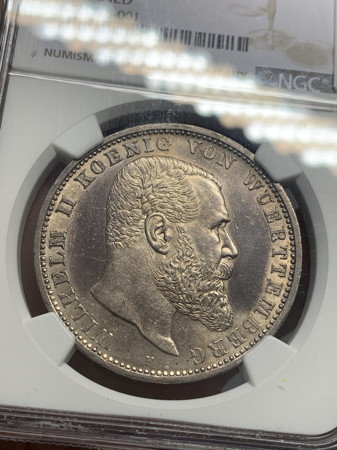 《竞宝斋》第130场-周日，周一连拍 (全场包邮) NGC UNC 1913年德国符腾堡转光好品5马克银币