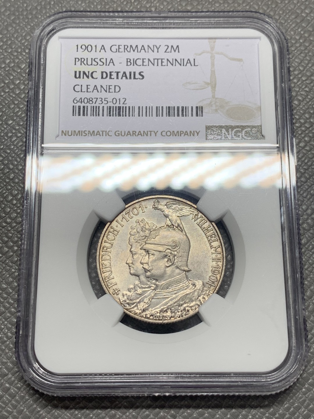 《竞宝斋》第130场-周日，周一连拍 (全场包邮) NGC-UNC 德国普鲁士 1901年 两百周年纪念 2马克银币 看不出有洗 错杀