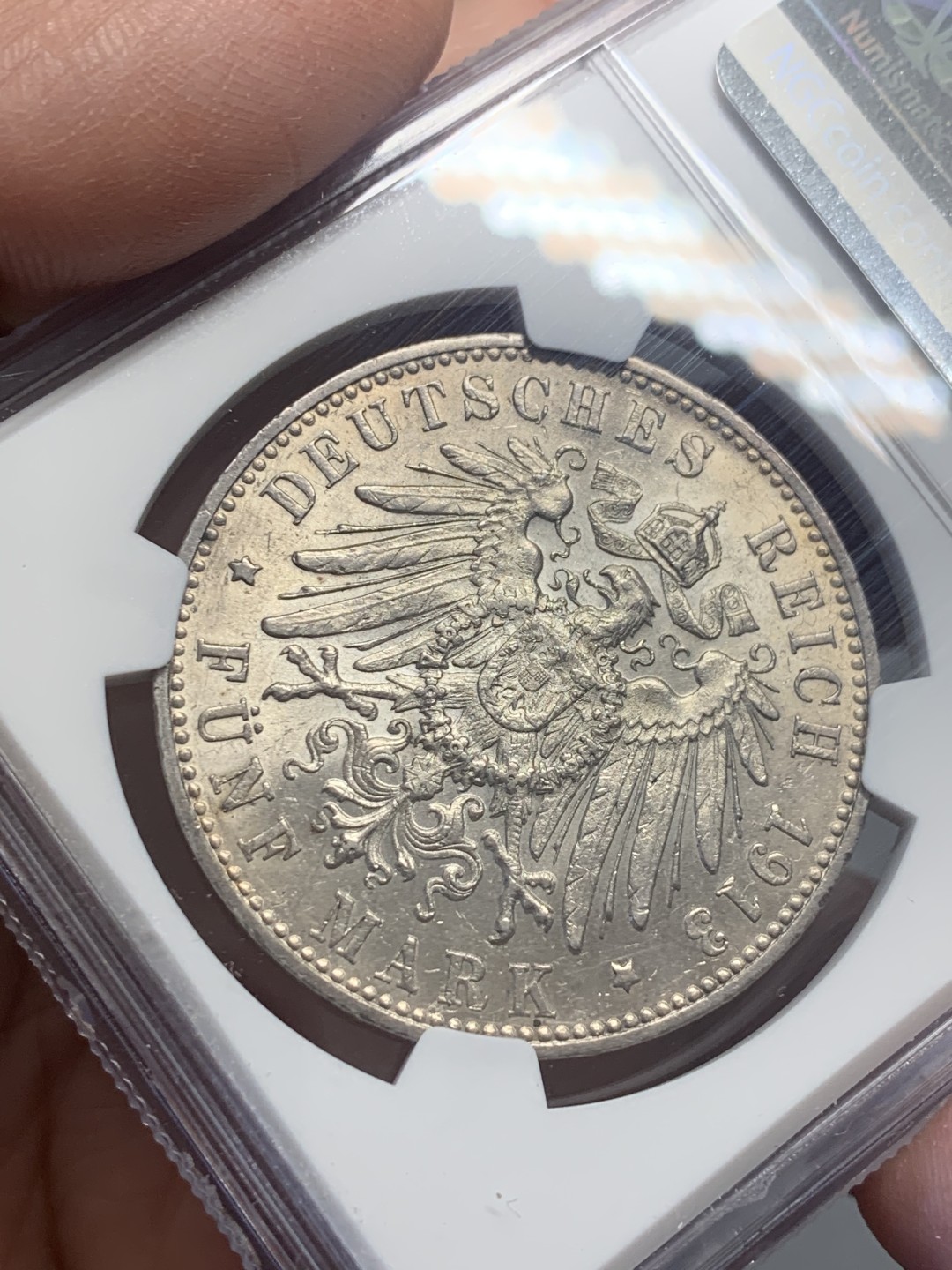 《竞宝斋》第130场-周日，周一连拍 (全场包邮) NGC UNC 1913年德国符腾堡转光好品5马克银币