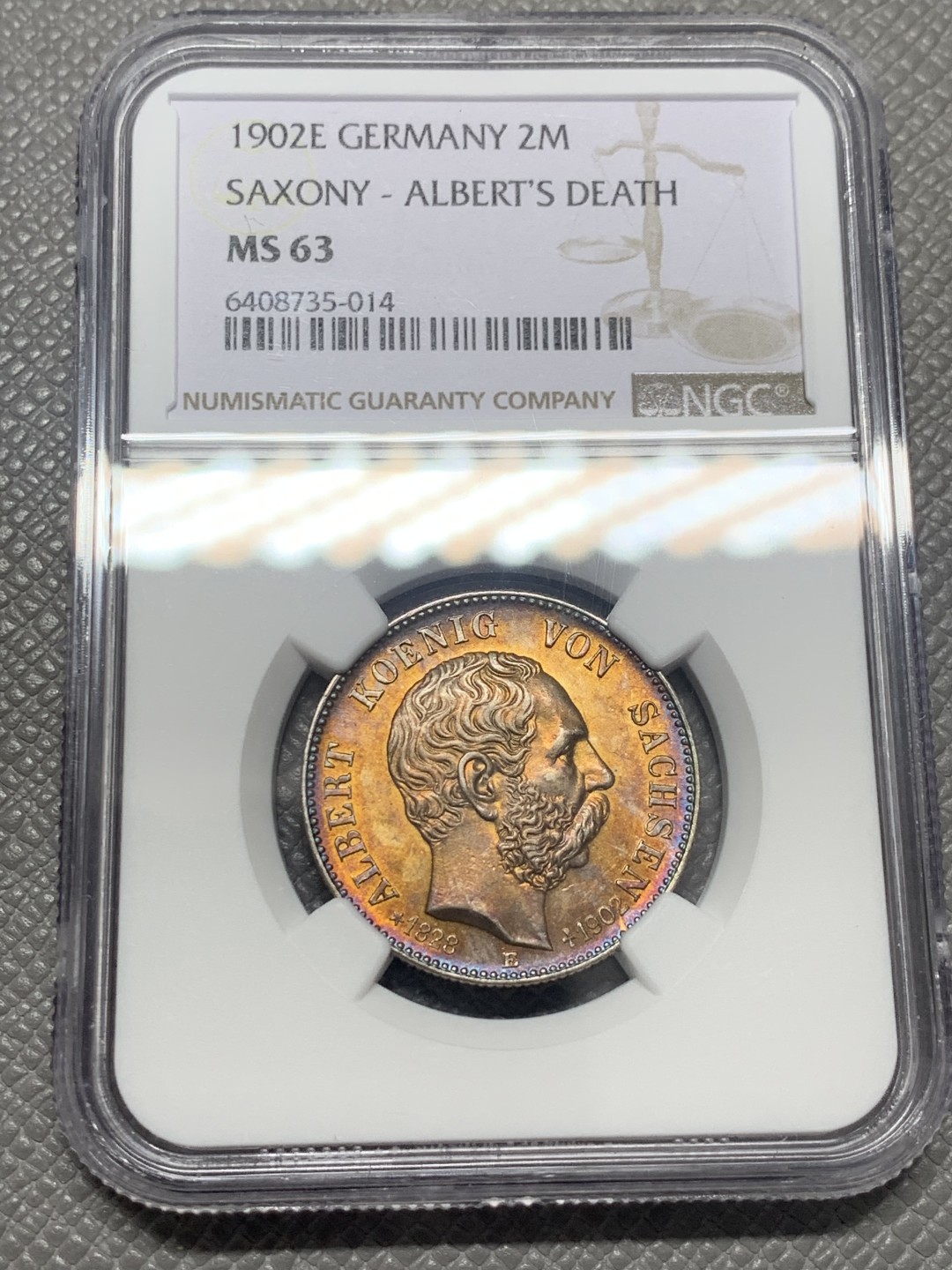 《竞宝斋》第130场-周日，周一连拍 (全场包邮) NGC-MS63 德国萨克森 1902年 2马克银币 定金金财包浆 新年发大财