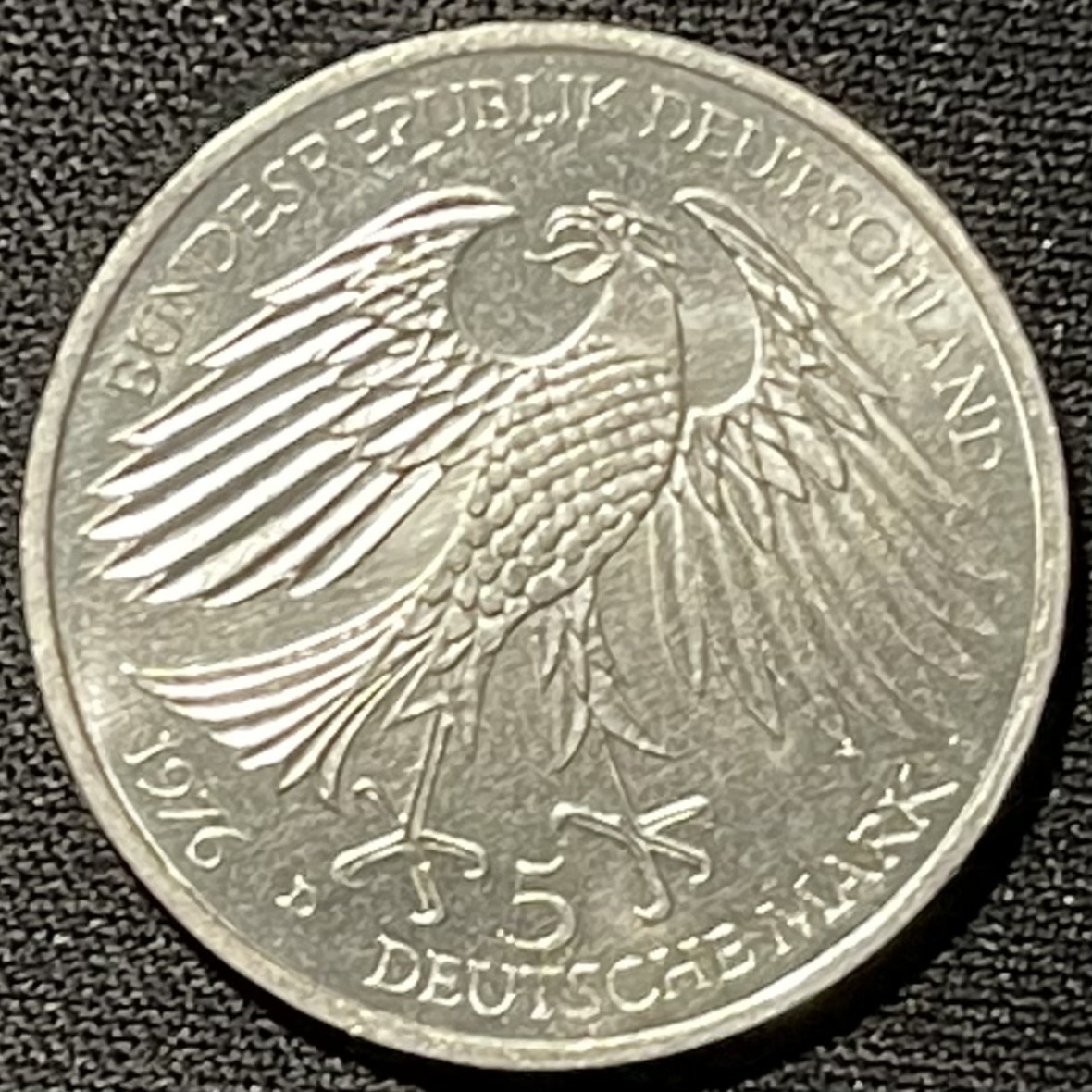 紫瑗钱币——第249期拍卖 联邦德国 1976年 D厂 格里姆·肖森逝世300周年 5马克 11.2克 0.625银 UNC