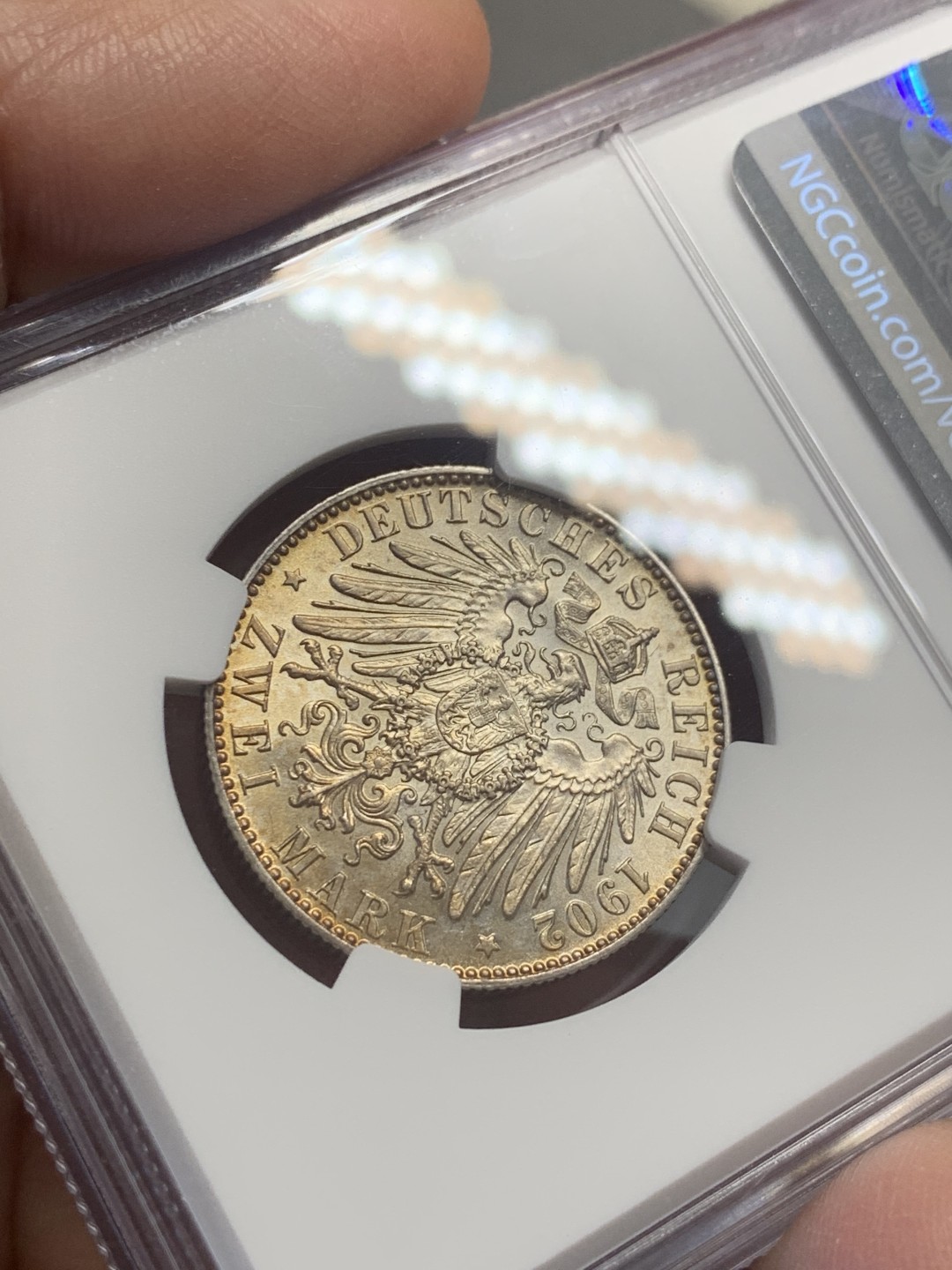 《竞宝斋》第130场-周日，周一连拍 (全场包邮) NGC-MS63 德国萨克森 1902年 2马克银币 定金金财包浆 新年发大财