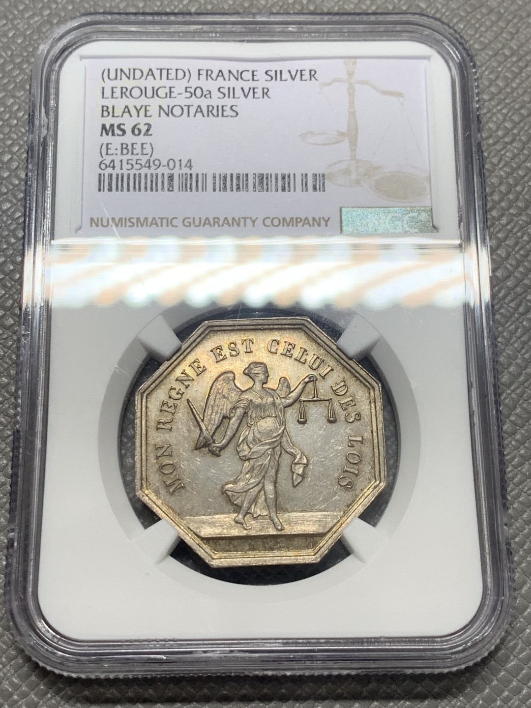 《竞宝斋》第130场-周日，周一连拍 (全场包邮) NGC MS62 布莱公正女神八角银质代币 蜜蜂边铭1860-1879年