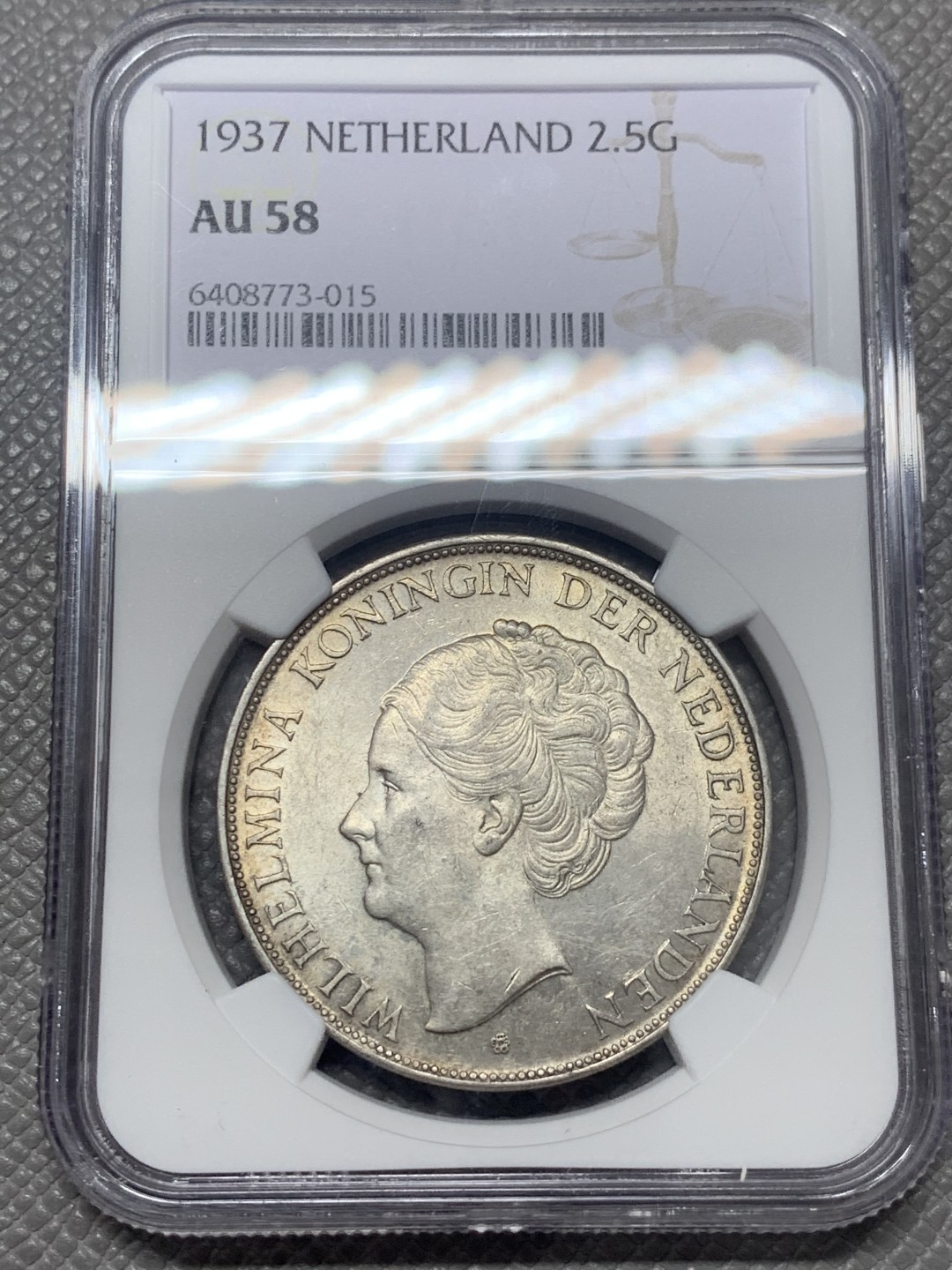 《竞宝斋》第130场-周日，周一连拍 (全场包邮) NGC-AU58 荷兰1937年 威廉米娜女王 2.5盾大银币 原光好品