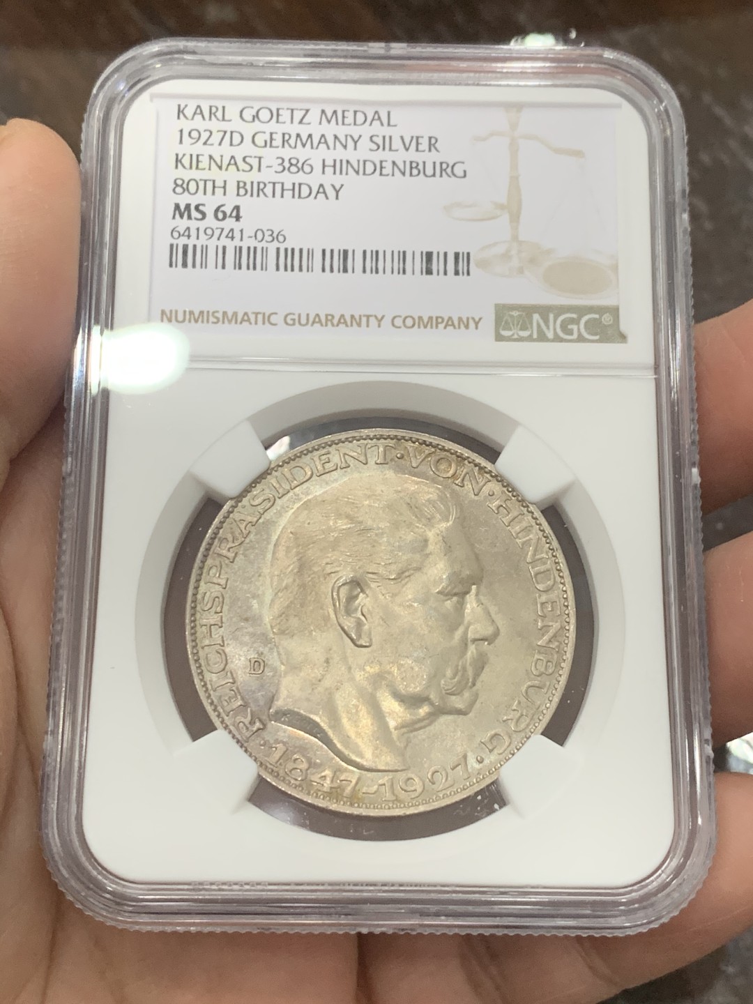 《竞宝斋》第130场-周日，周一连拍 (全场包邮) NGC-MS64 魏玛德国1927年兴登堡80大寿5马克币章 卡尔哥茨名家设计