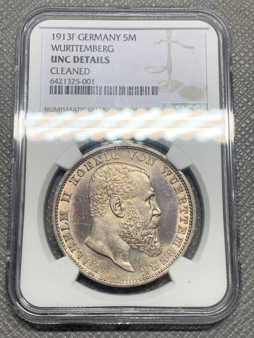 《竞宝斋》第130场-周日，周一连拍 (全场包邮) NGC UNC 1913年德国符腾堡转光好品5马克银币