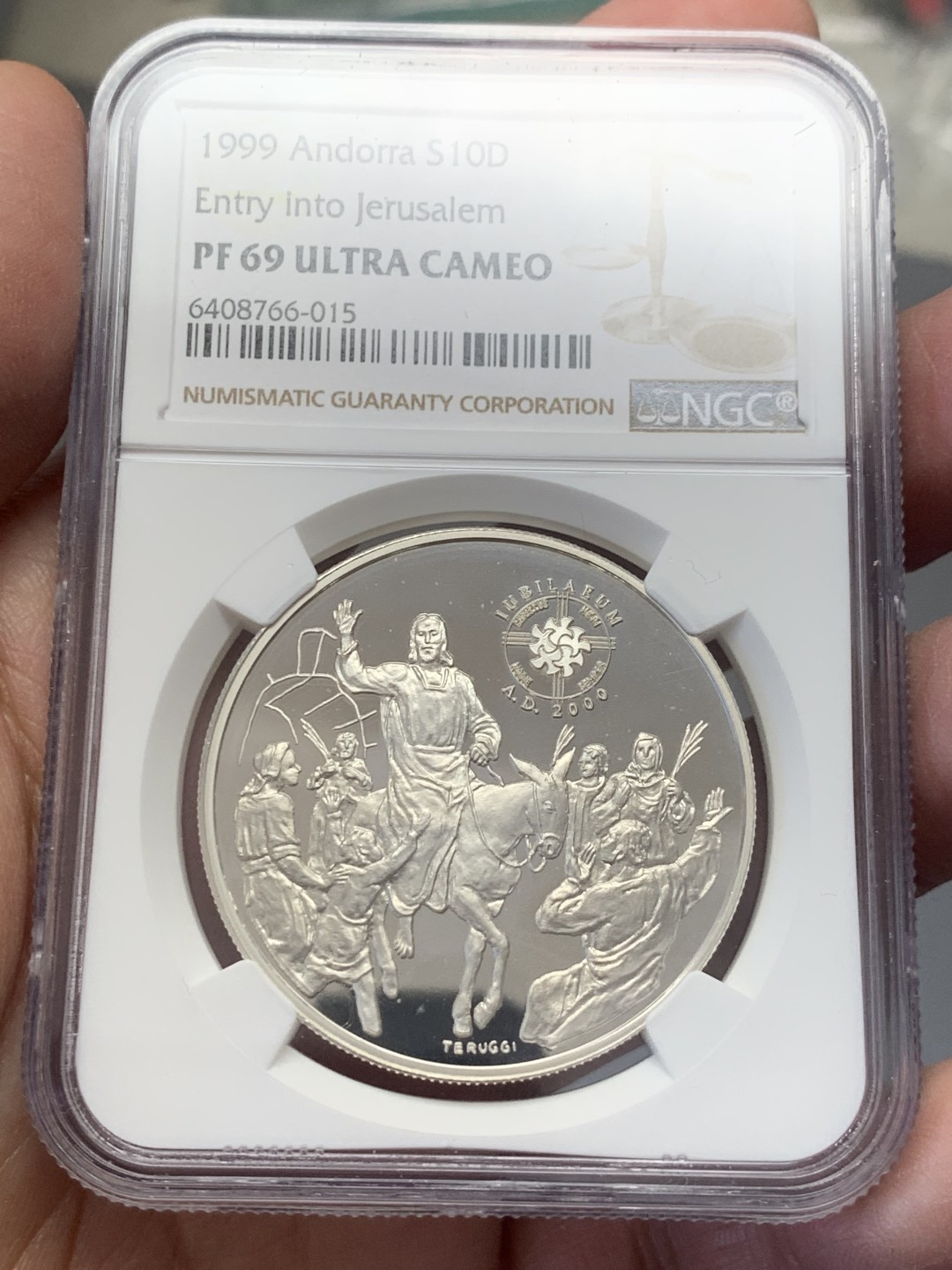 《竞宝斋》第130场-周日，周一连拍 (全场包邮) 冠军分 NGC-PF69 安道尔1999年 进入圣城耶路撒冷 10第纳尔精制大银币