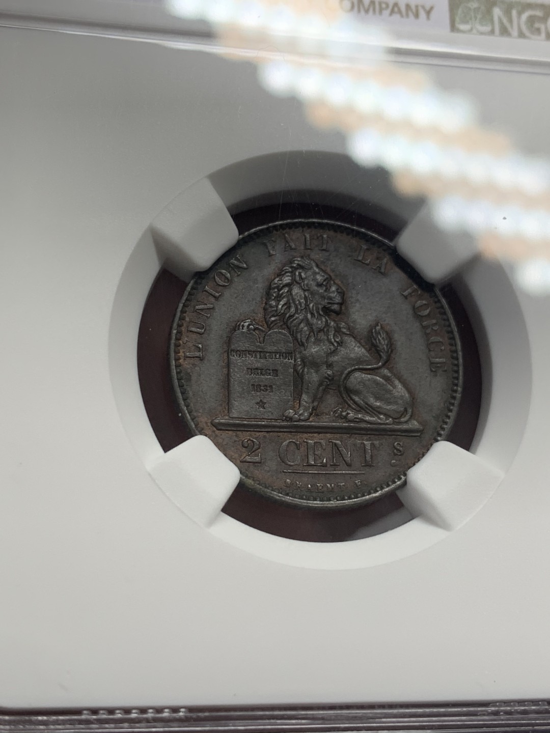 《竞宝斋》第130场-周日，周一连拍 (全场包邮) NGC-AU58 比利时 1874年 狮子盾牌2分铜币 早期年份 好品少见