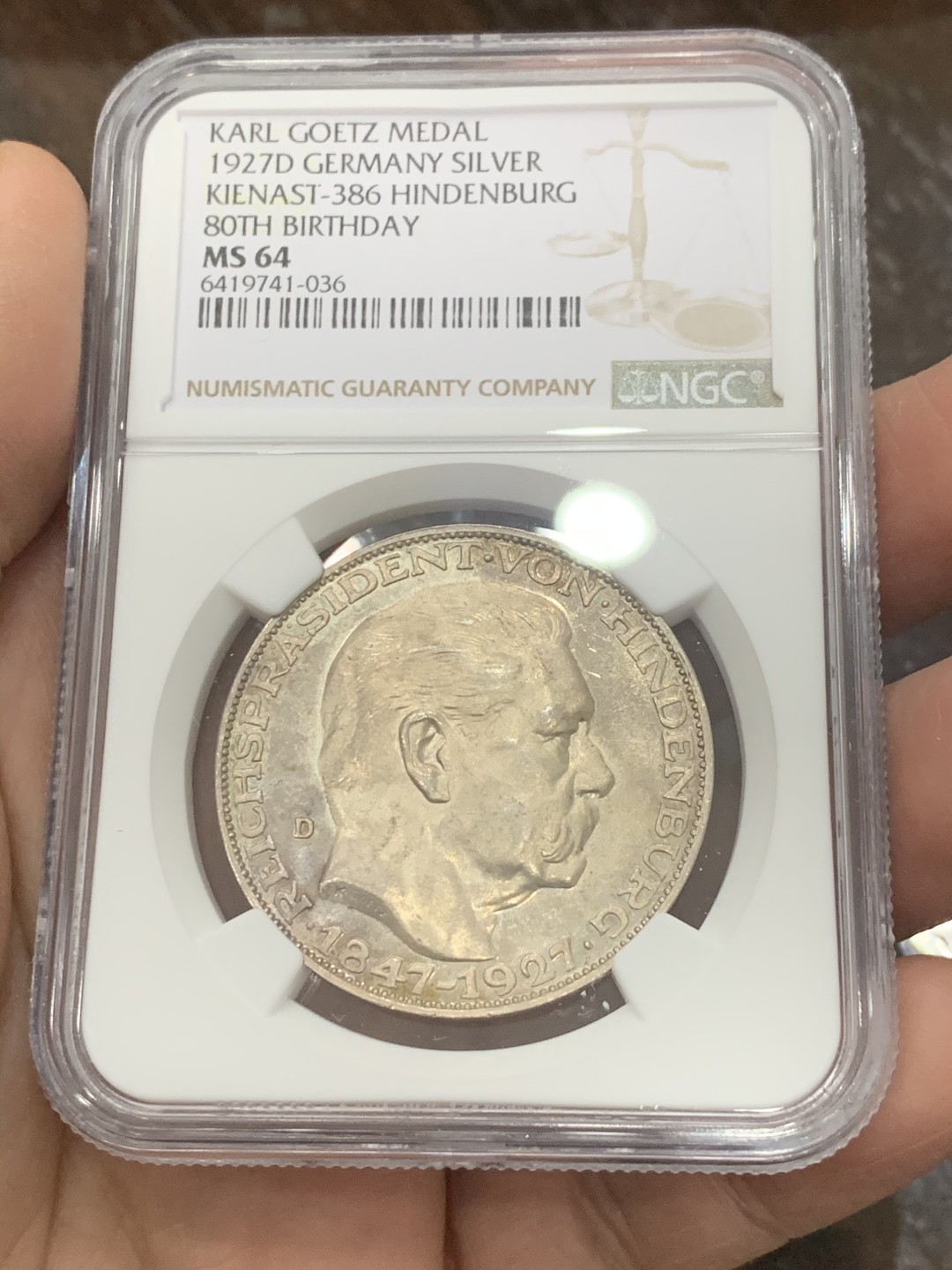 《竞宝斋》第130场-周日，周一连拍 (全场包邮) NGC-MS64 魏玛德国1927年兴登堡80大寿5马克币章 卡尔哥茨名家设计