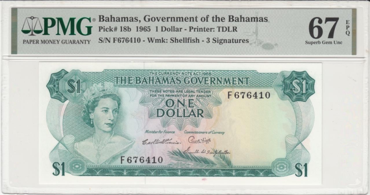 收藏联盟Quantum Auction 第228期拍卖 (已更新) 巴哈马1965年1元 PMG67 首发年份(巴哈马政府发行)