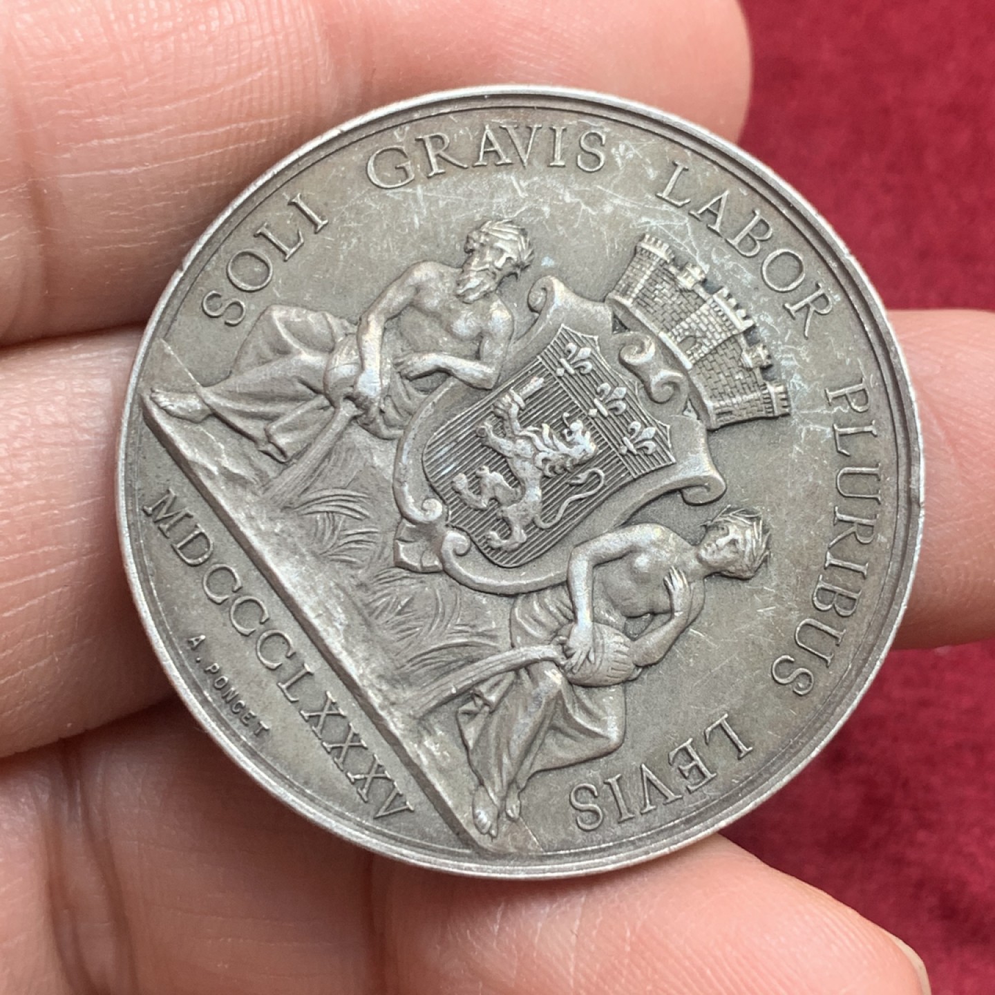 《竞宝斋》第130场-周日，周一连拍 (全场包邮) 法国1885年 火蜥蜴圆形 银质代用币 AU好品 22.7克 银标