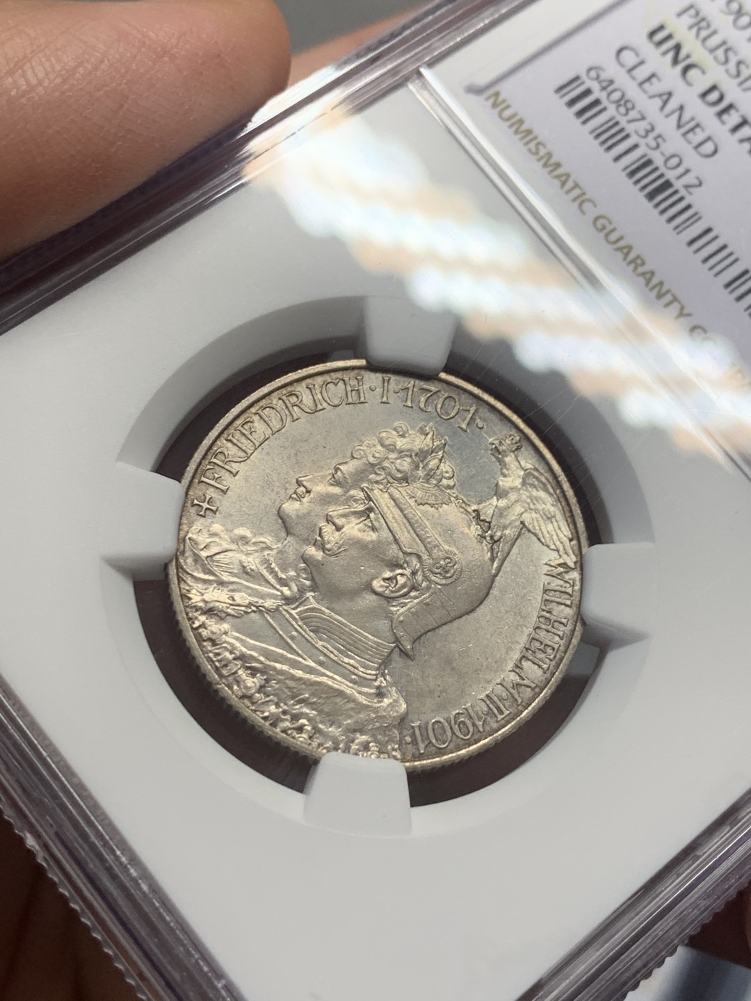 《竞宝斋》第130场-周日，周一连拍 (全场包邮) NGC-UNC 德国普鲁士 1901年 两百周年纪念 2马克银币 看不出有洗 错杀