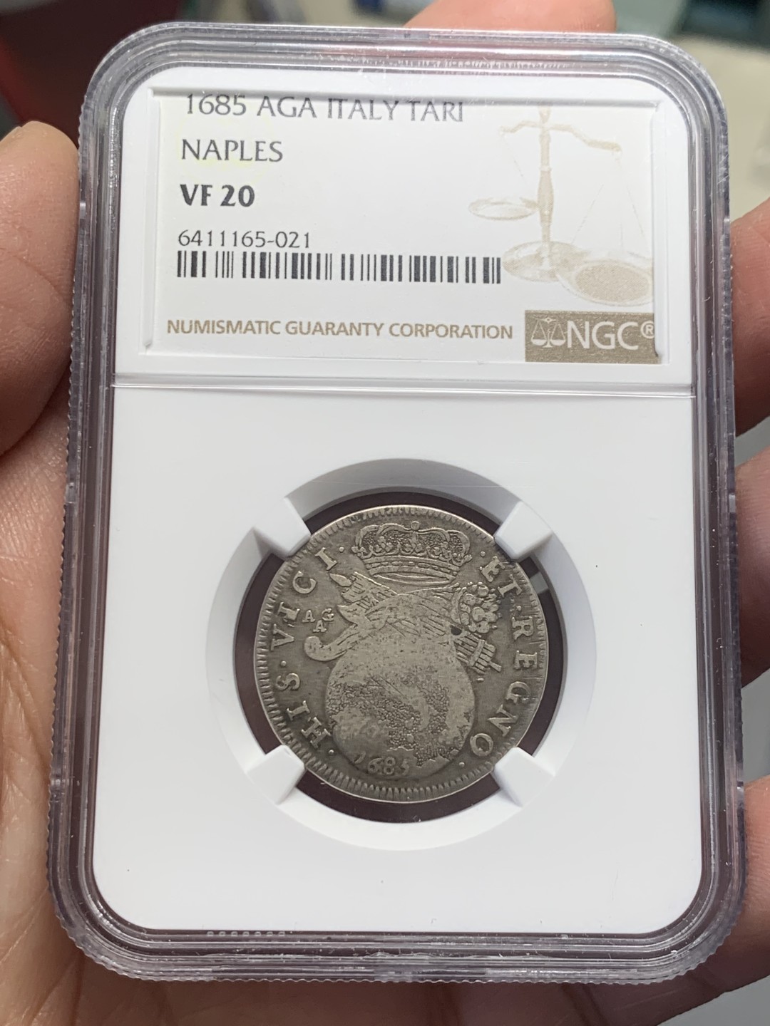 《竞宝斋》第130场-周日，周一连拍 (全场包邮) NGC VF20 1685年意大利那不勒斯Tari最早地球银币，出分不易，少见好品