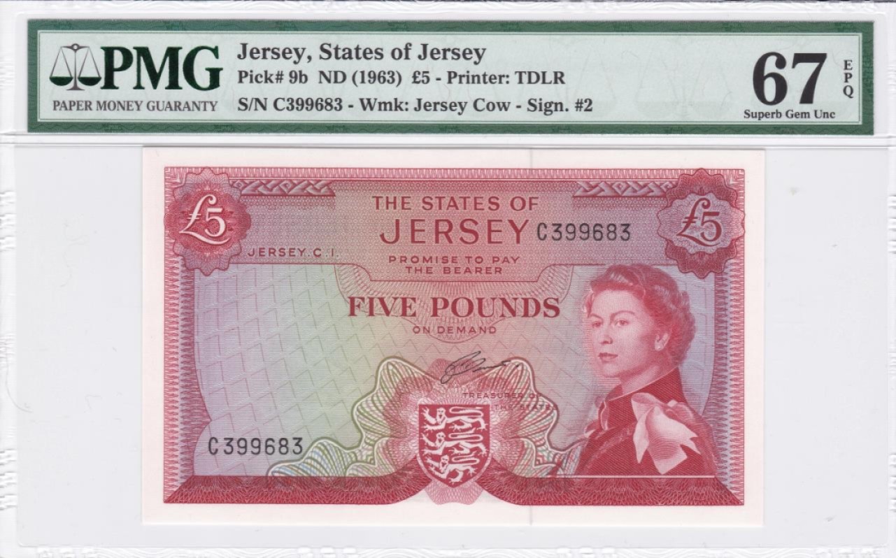 收藏联盟Quantum Auction 第228期拍卖 (已更新) 泽西岛1963年5镑 PMG67 大票幅 高面值