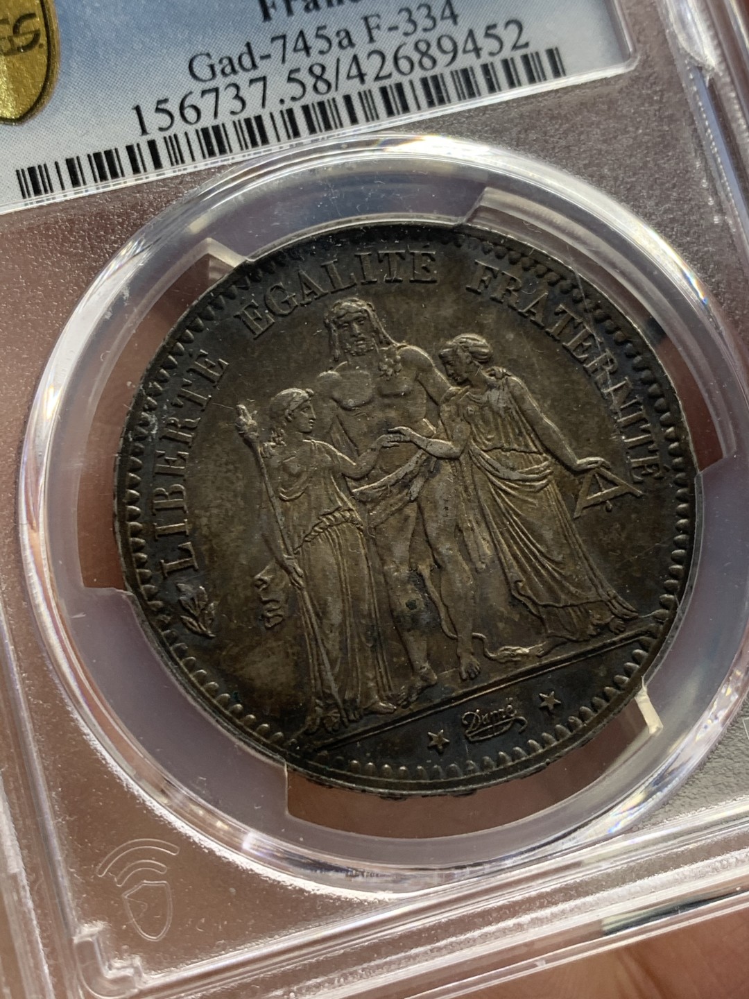 《竞宝斋》第130场-周日，周一连拍 (全场包邮) PCGS-AU58 法国 1876年 5法郎 A版大力神 银币 原味包浆 深五彩包浆 少见年份 难得状态