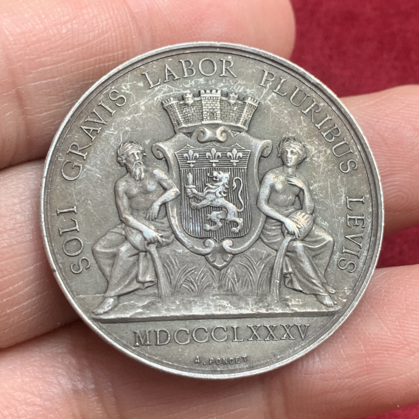 《竞宝斋》第130场-周日，周一连拍 (全场包邮) 法国1885年 火蜥蜴圆形 银质代用币 AU好品 22.7克 银标