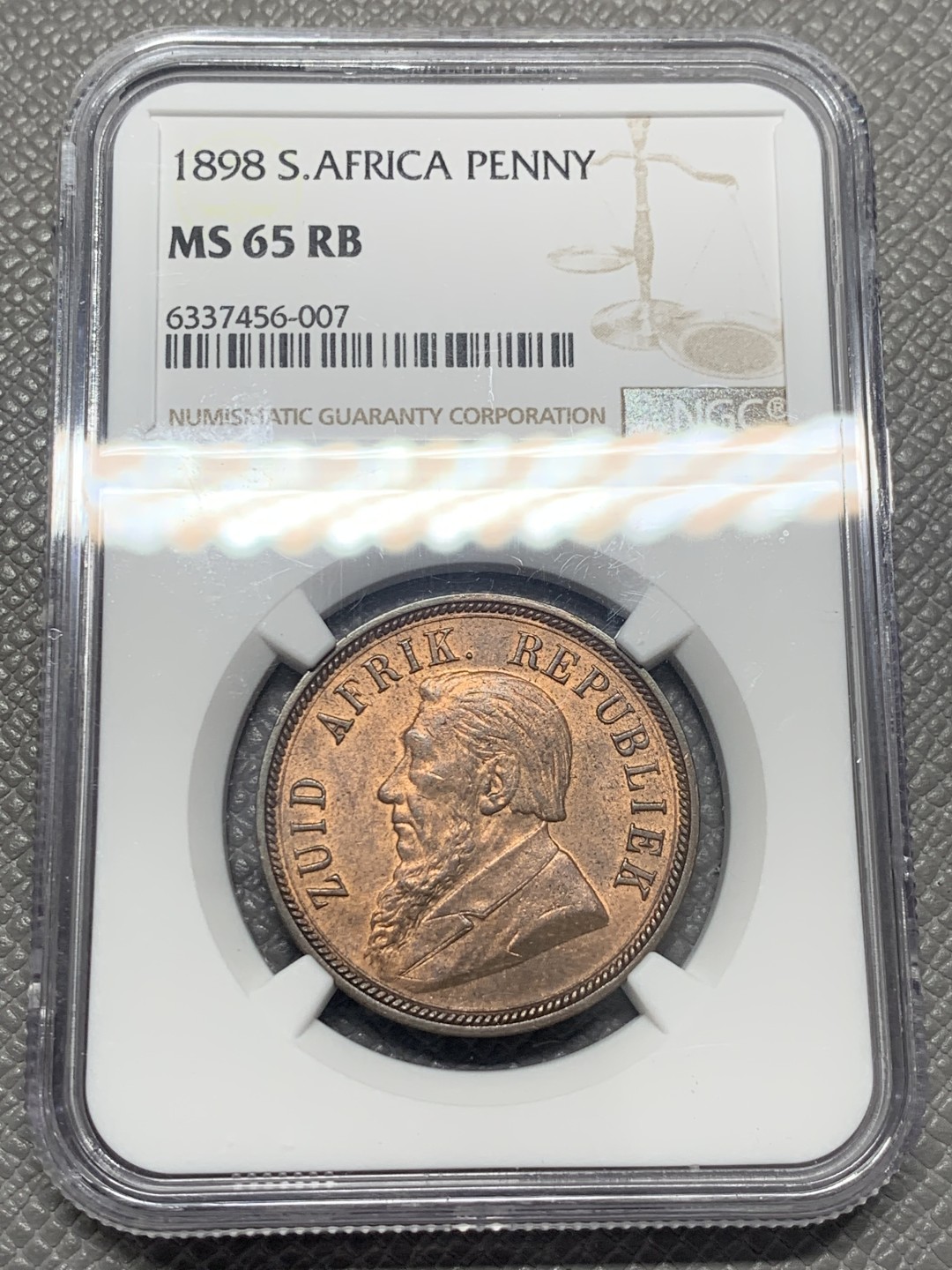 《竞宝斋》第130场-周日，周一连拍 (全场包邮) NGC MS65RB 南非 1898年 德兰士瓦1便士铜币 高分好状态