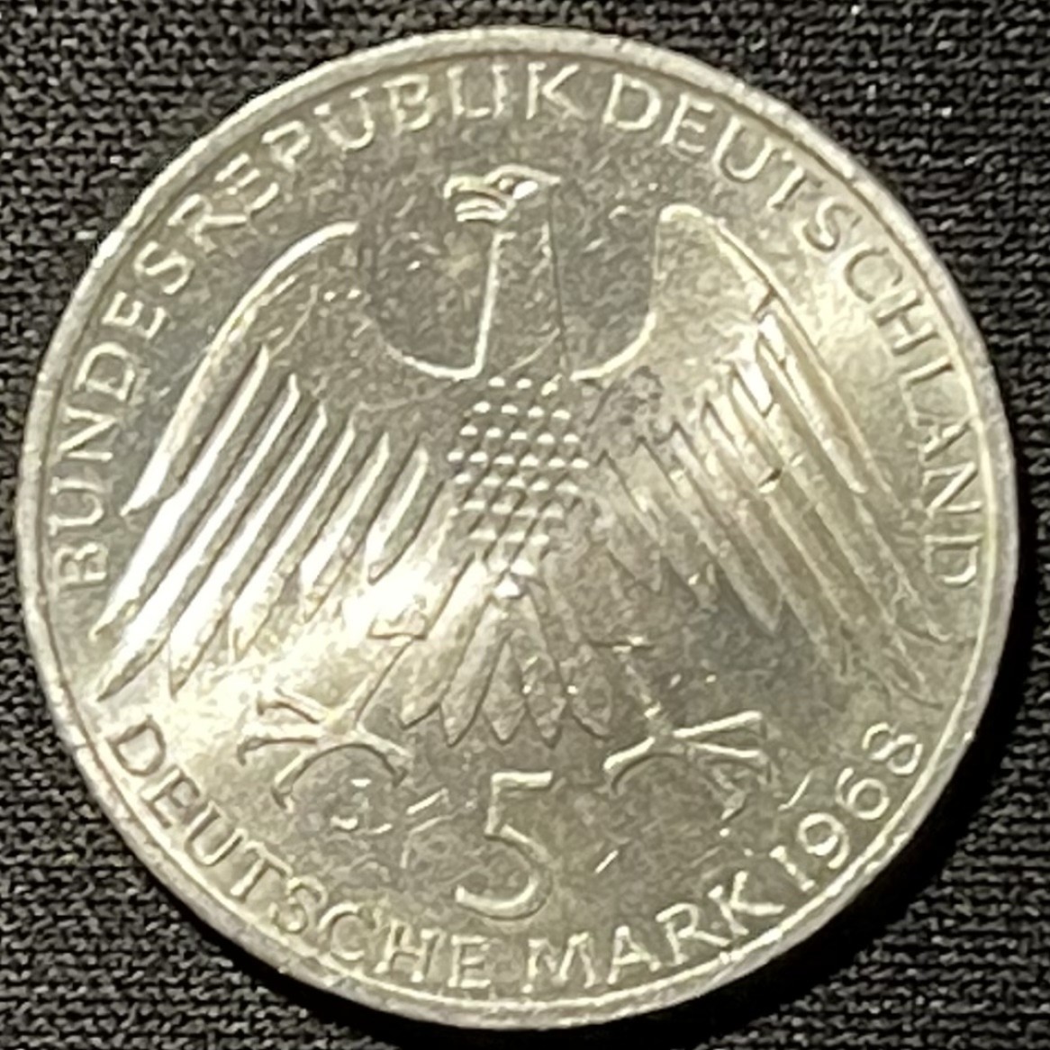 紫瑗钱币——第249期拍卖 德国 1968年 J厂 威廉 莱佛森150周年 5马克 11.2克 0.625银 UNC