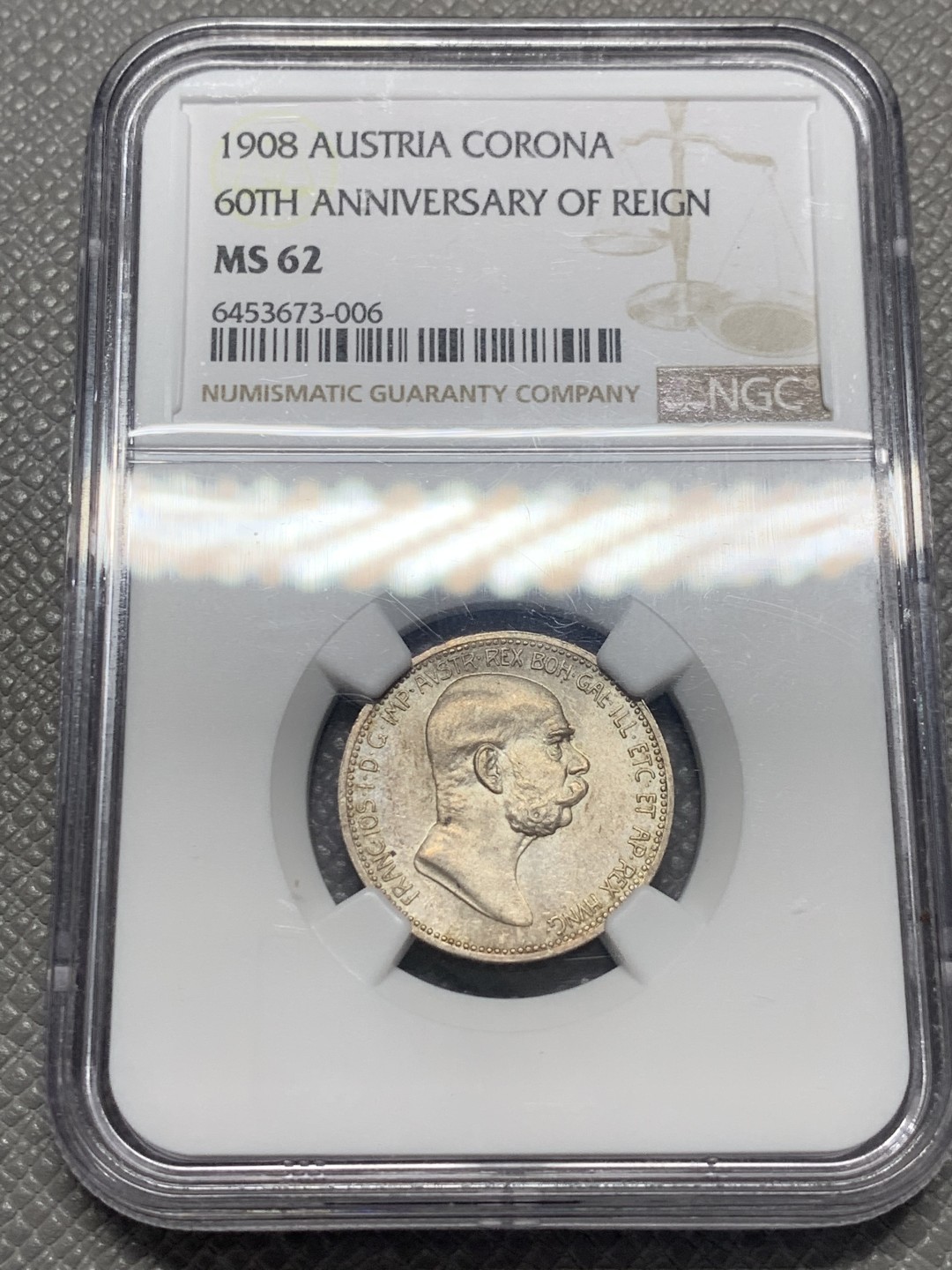 《竞宝斋》第130场-周日，周一连拍 (全场包邮) NGC MS62 奥地利 1908年 弗朗茨·约瑟夫一世统治60周年 纪念 1克朗银币