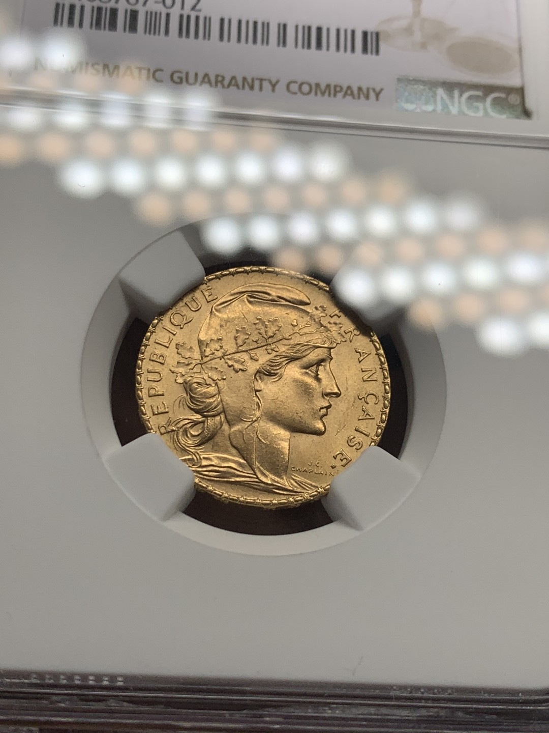 《竞宝斋》第130场-周日，周一连拍 (全场包邮) NGC-MS63 法国1913年 高卢雄鸡 20法郎金币 顶级品相