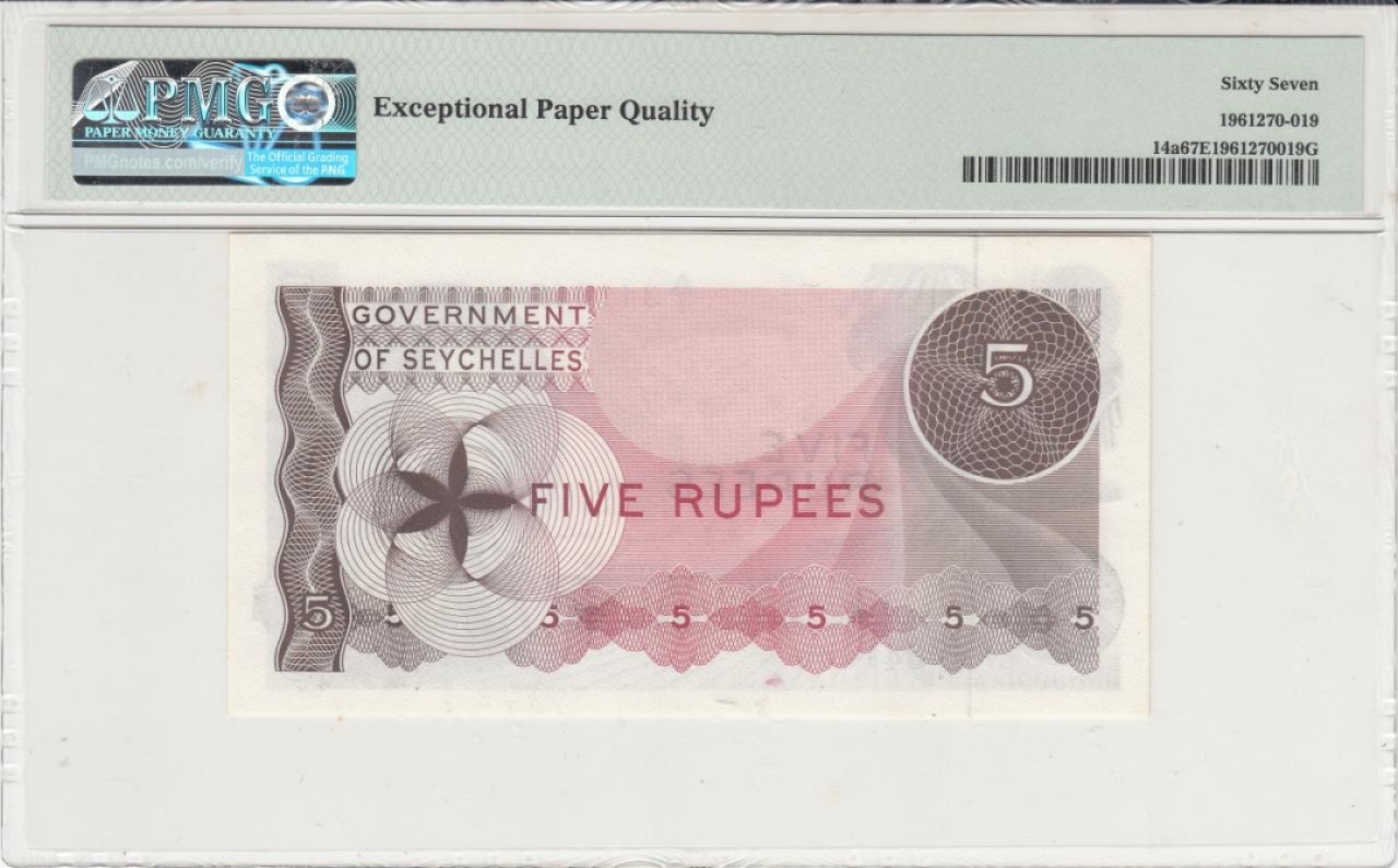 收藏联盟Quantum Auction 第228期拍卖 (已更新) 塞舌尔1968年5卢比 PMG67 首发A/1冠 大鹦鹉