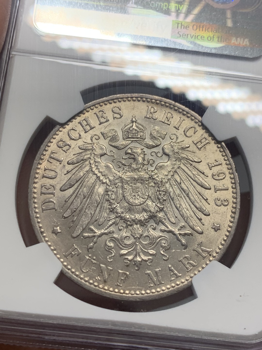 《竞宝斋》第130场-周日，周一连拍 (全场包邮) NGC UNC 1913年德国符腾堡转光好品5马克银币