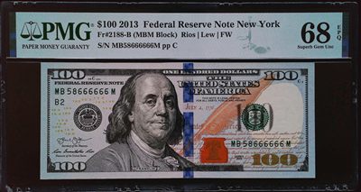 《家喻户晓》世界靓号纸钞第十期 - 2013年美国100美元 无347大象号尾666666 PMG68高分