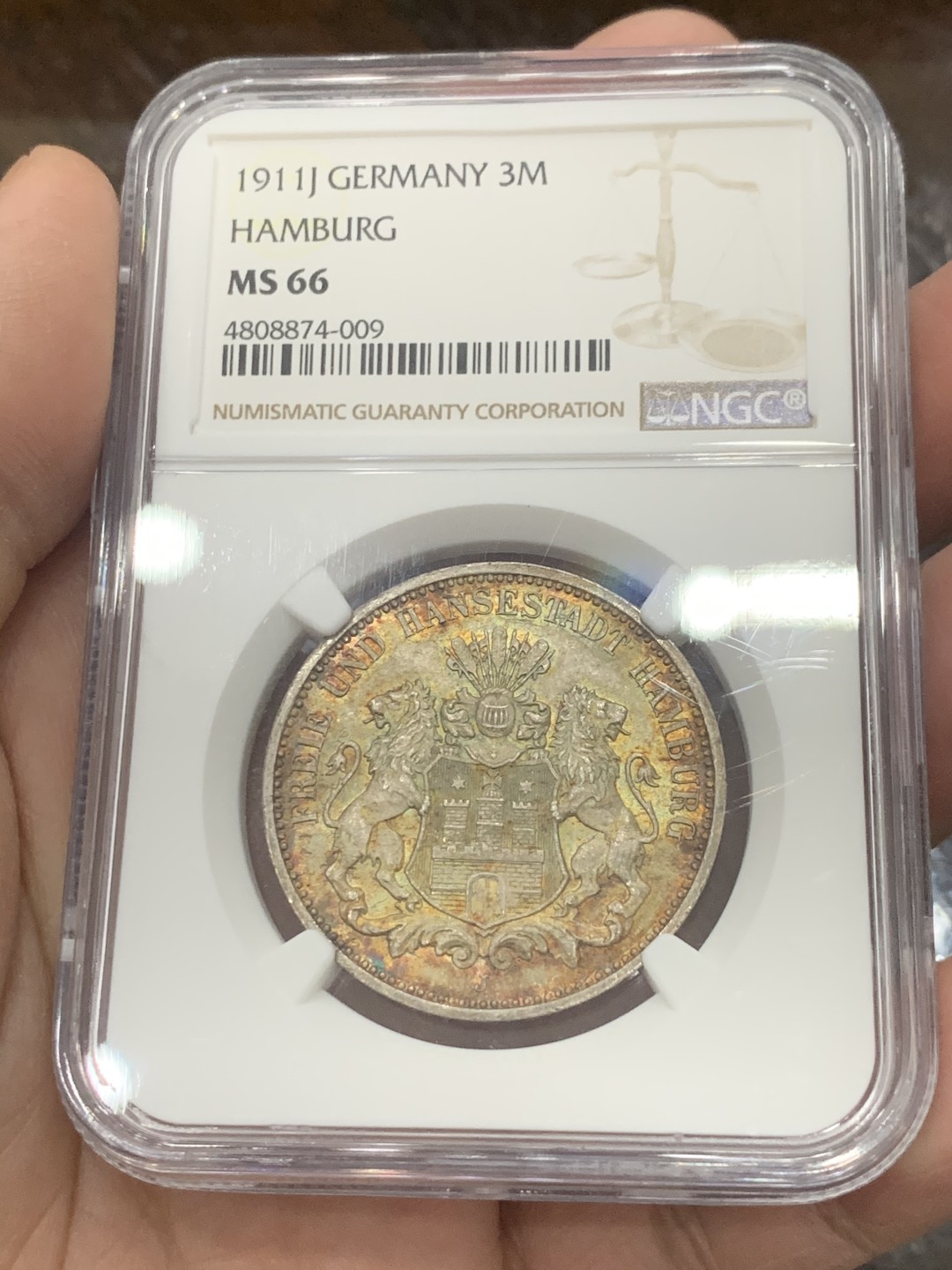 《竞宝斋》第130场-周日，周一连拍 (全场包邮) NGC- MS66 德国汉堡自由市 1911年流通3马克 银币 顶尖分数品相，炫丽黄油彩，十分迷人