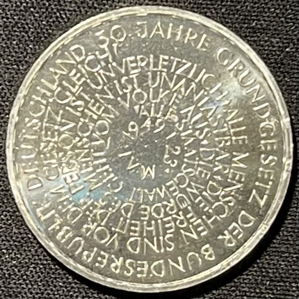 紫瑗钱币——第249期拍卖 德国 1999年 D厂 宪法50周年 10马克 15.5克 0.925银 UNC