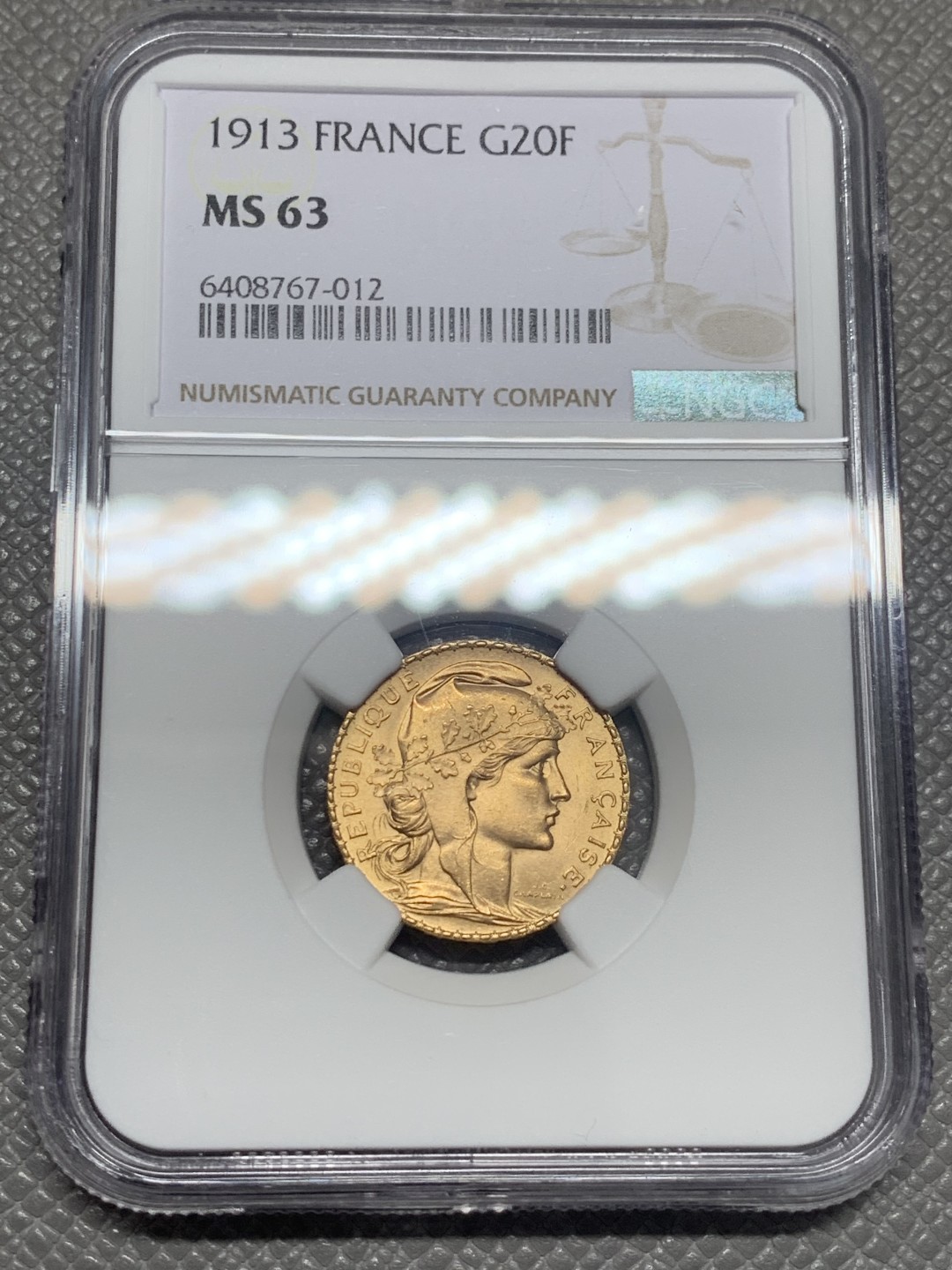 《竞宝斋》第130场-周日，周一连拍 (全场包邮) NGC-MS63 法国1913年 高卢雄鸡 20法郎金币 顶级品相