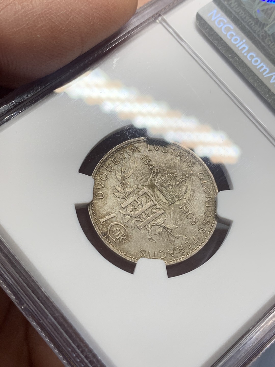 《竞宝斋》第130场-周日，周一连拍 (全场包邮) NGC MS62 奥地利 1908年 弗朗茨·约瑟夫一世统治60周年 纪念 1克朗银币