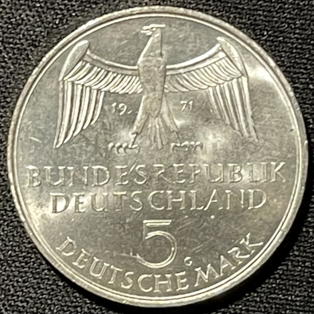 紫瑗钱币——第249期拍卖 联邦德国 1971年 G厂 德意志帝国建立100周年 5马克 11.2克 0.625克 UNC