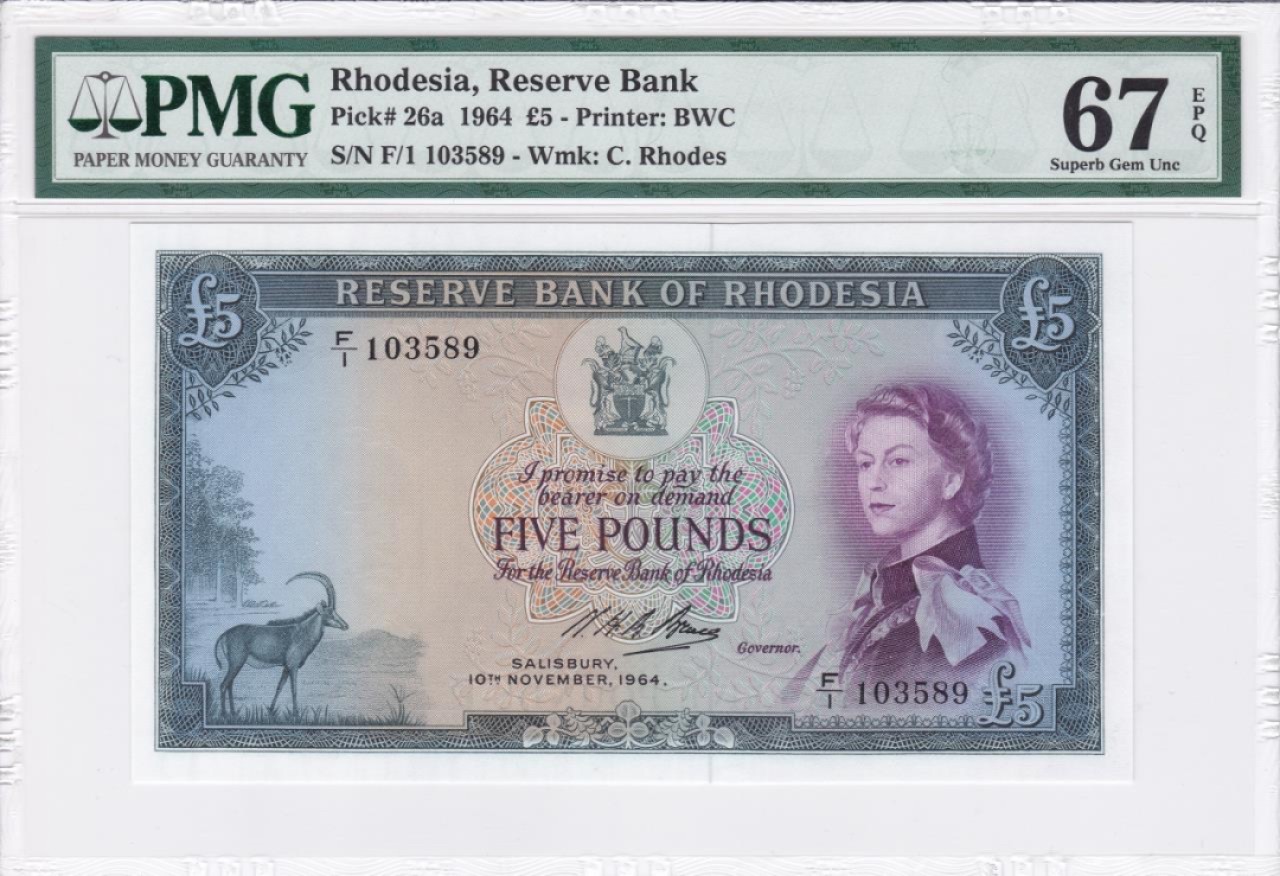 收藏联盟Quantum Auction 第228期拍卖 (已更新) 罗得西亚1964年5镑 PMG67 精美初版 大津巴布韦遗址 高面值