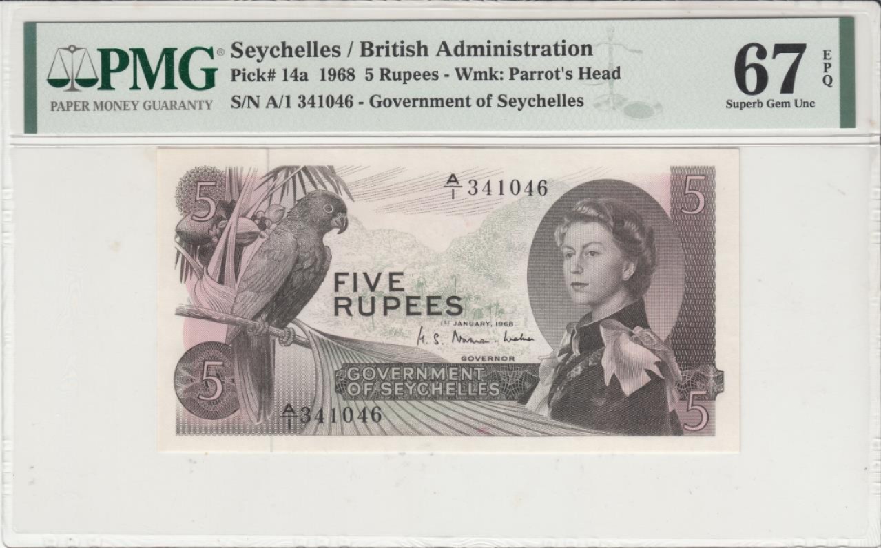 收藏联盟Quantum Auction 第228期拍卖 (已更新) 塞舌尔1968年5卢比 PMG67 首发A/1冠 大鹦鹉