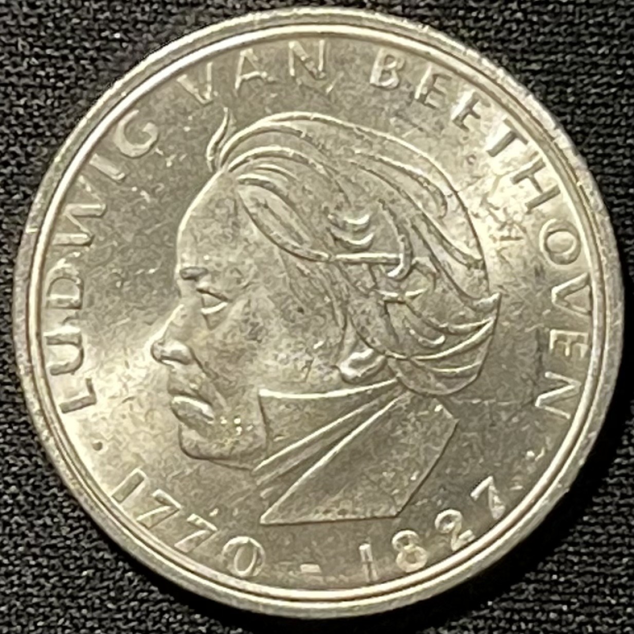 紫瑗钱币——第249期拍卖 联邦德国 1970年 F厂 贝多芬诞辰200周年 5马克 11.2克 0.625银 UNC