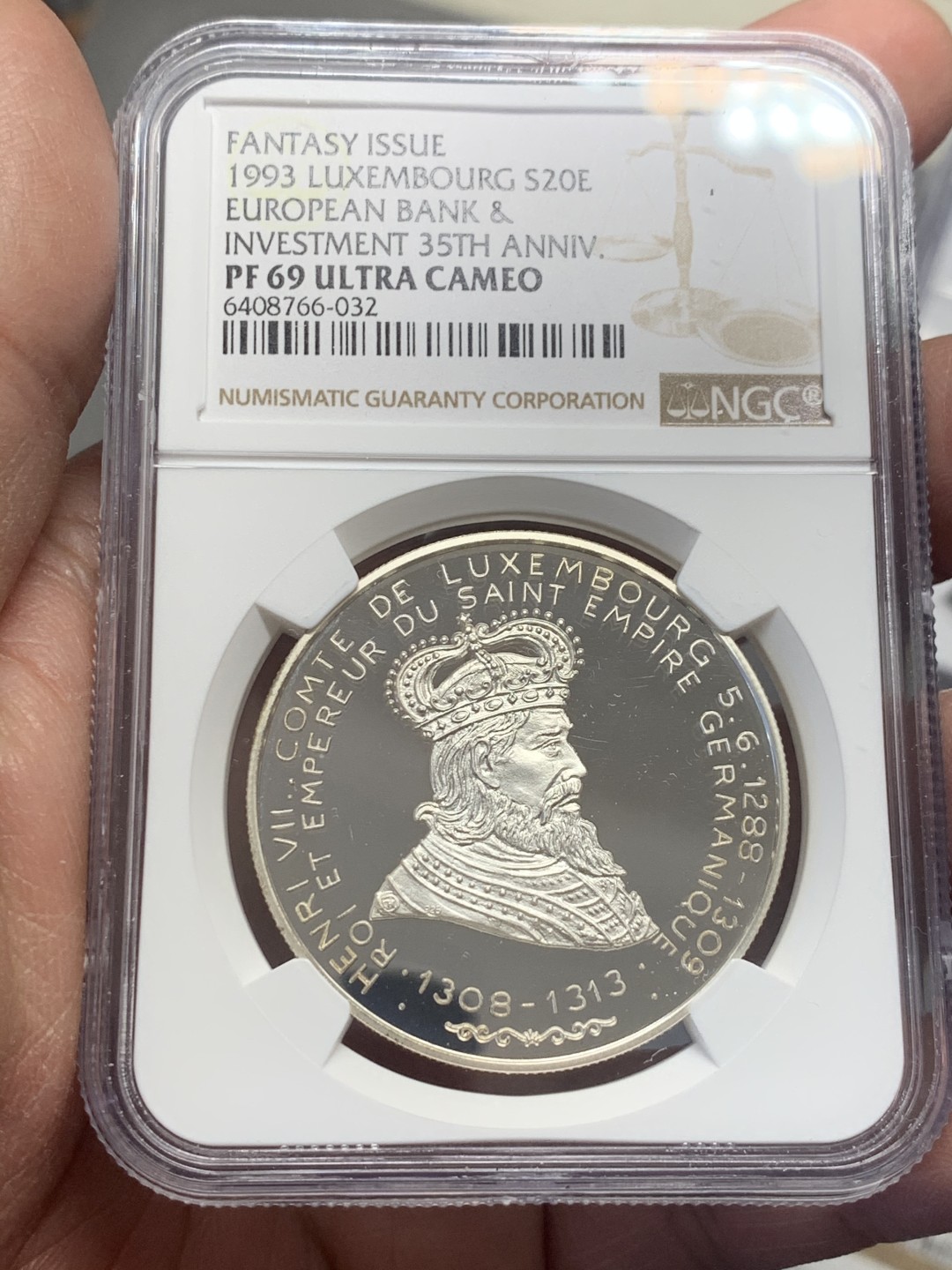 《竞宝斋》第130场-周日，周一连拍 (全场包邮) 冠军分 NGC-PF69 卢森堡1993年 亨利七世 20ECU精制大银币 发行量7500枚