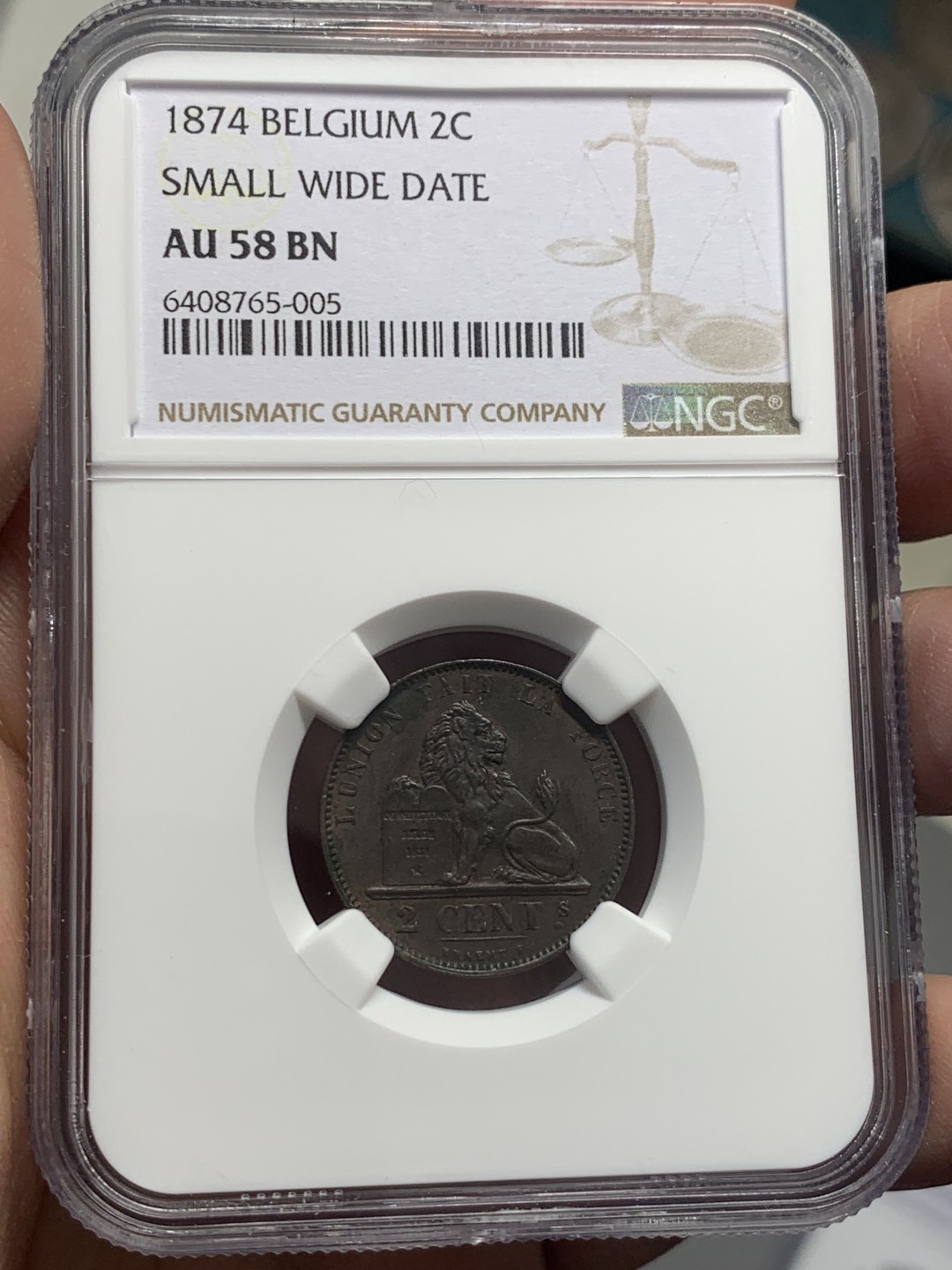 《竞宝斋》第130场-周日，周一连拍 (全场包邮) NGC-AU58 比利时 1874年 狮子盾牌2分铜币 早期年份 好品少见
