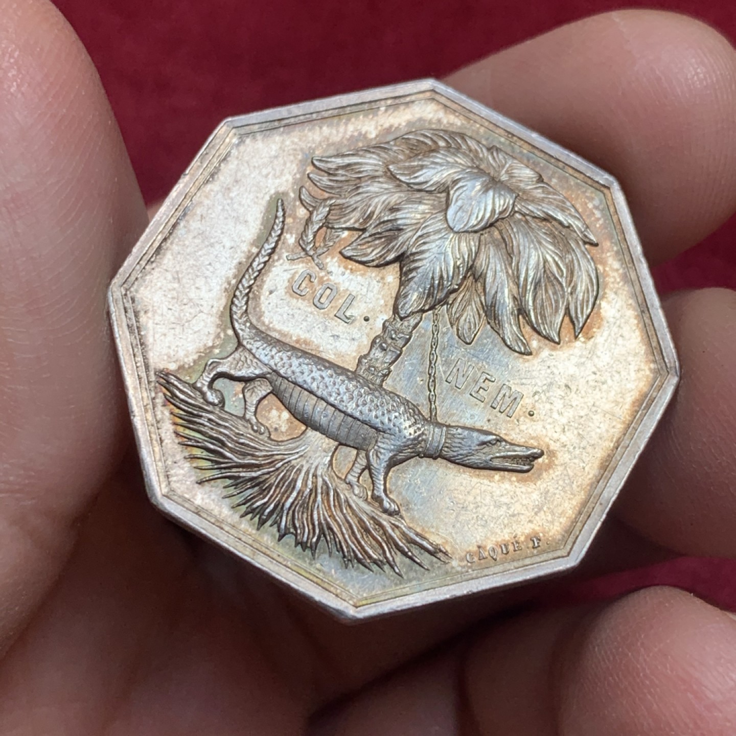 《竞宝斋》第130场-周日，周一连拍 (全场包邮) 法国 宠物鳄鱼 银质八角代用币 稀少品种  15.1克 丰饶角 银标