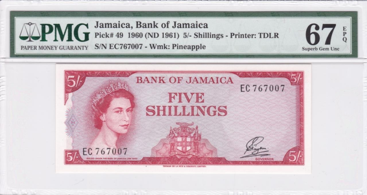 收藏联盟Quantum Auction 第228期拍卖 (已更新) 牙买加(1960)1961年5先令 PMG67 注意是pick49 相对后面的pick51要少