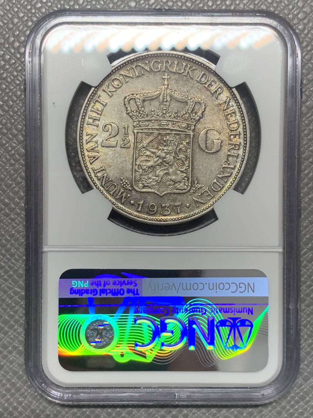 《竞宝斋》第130场-周日，周一连拍 (全场包邮) NGC-AU58 荷兰1937年 威廉米娜女王 2.5盾大银币 原光好品