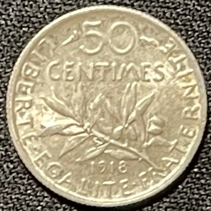 紫瑗钱币——第249期拍卖 法国 1918年 播种女神 50分 2.5克 0.835银 UNC