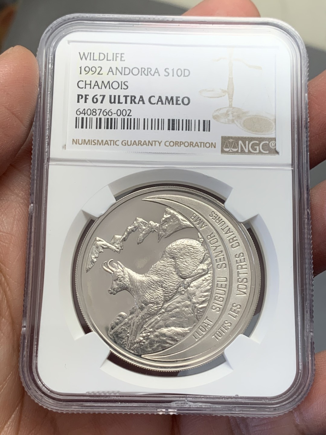 《竞宝斋》第130场-周日，周一连拍 (全场包邮) NGC-PF67 安道尔1992年 羚羊 10第纳尔 精制大银币