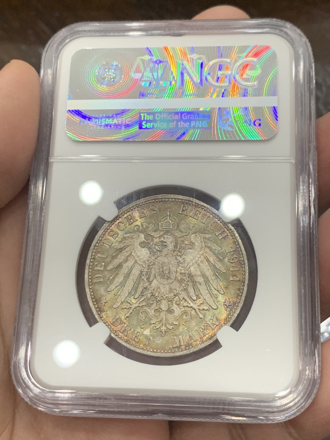 《竞宝斋》第130场-周日，周一连拍 (全场包邮) NGC- MS66 德国汉堡自由市 1911年流通3马克 银币 顶尖分数品相，炫丽黄油彩，十分迷人