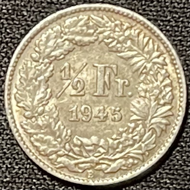 紫瑗钱币——第249期拍卖 瑞士 1945年 赫尔维蒂亚 1/2法郎 2.5克 0.835银
