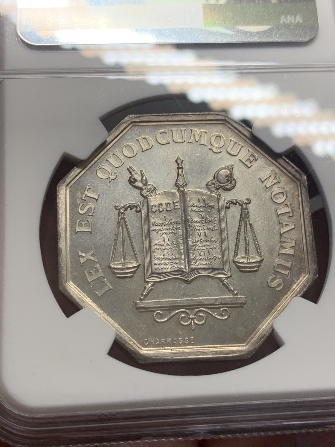 《竞宝斋》第130场-周日，周一连拍 (全场包邮) NGC MS64 布尔公证处 八角银质代币 大版 城堡皇冠 高分