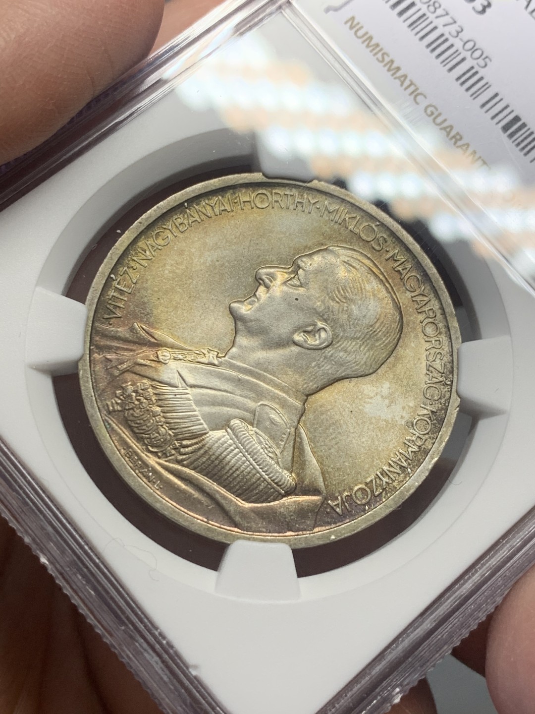 《竞宝斋》第130场-周日，周一连拍 (全场包邮) NGC-MS63 匈牙利1939年 5潘果大银币 五彩包浆 非常漂亮