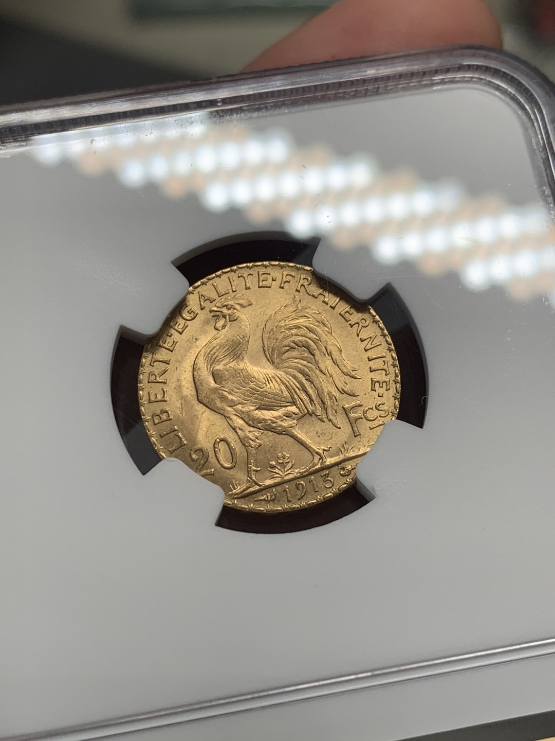 《竞宝斋》第130场-周日，周一连拍 (全场包邮) NGC-MS63 法国1913年 高卢雄鸡 20法郎金币 顶级品相