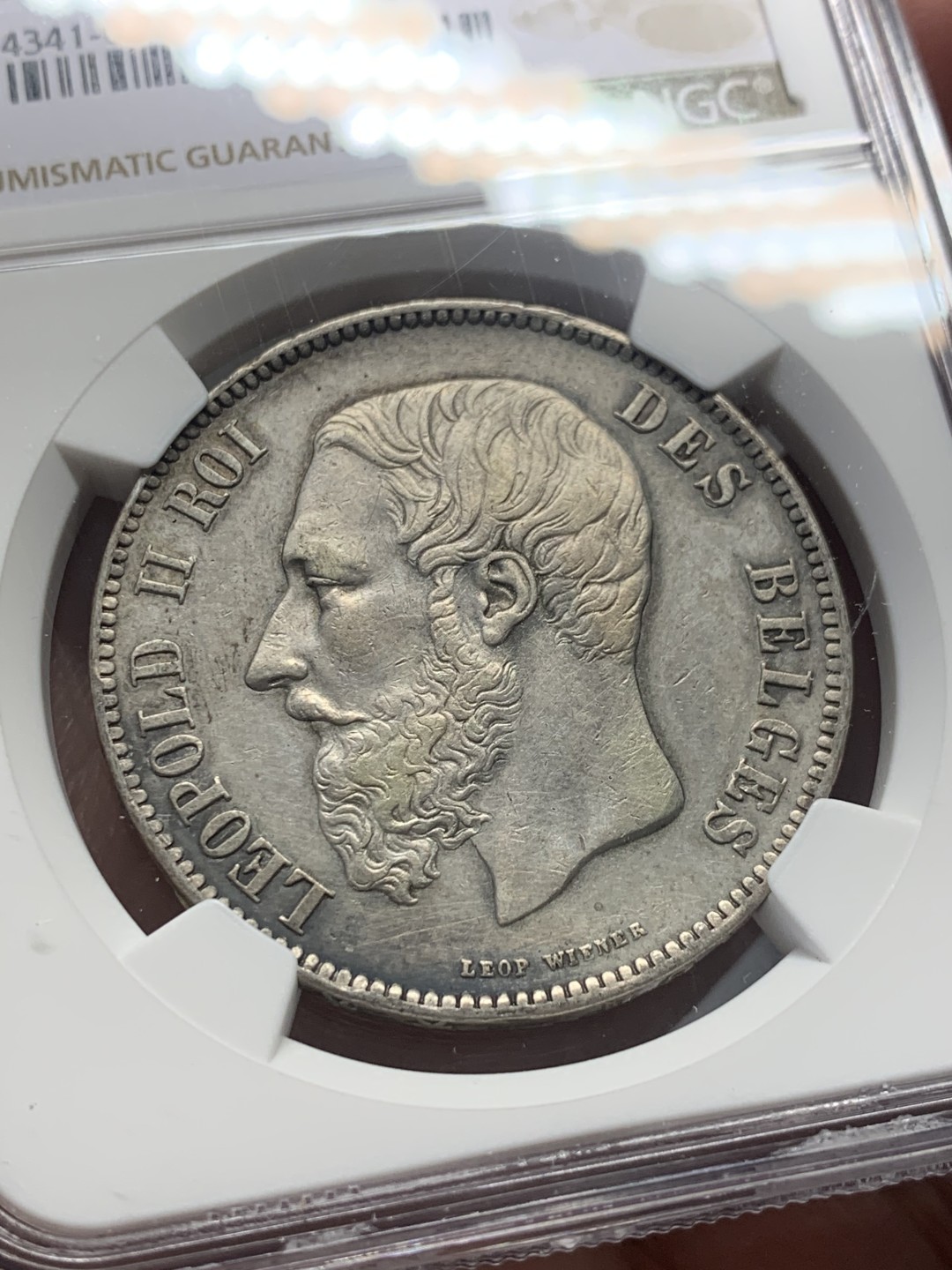 《竞宝斋》第130场-周日，周一连拍 (全场包邮) NGC-AU 比利时 1871年 利奥波德二世 5法郎银币状态好 磨损小